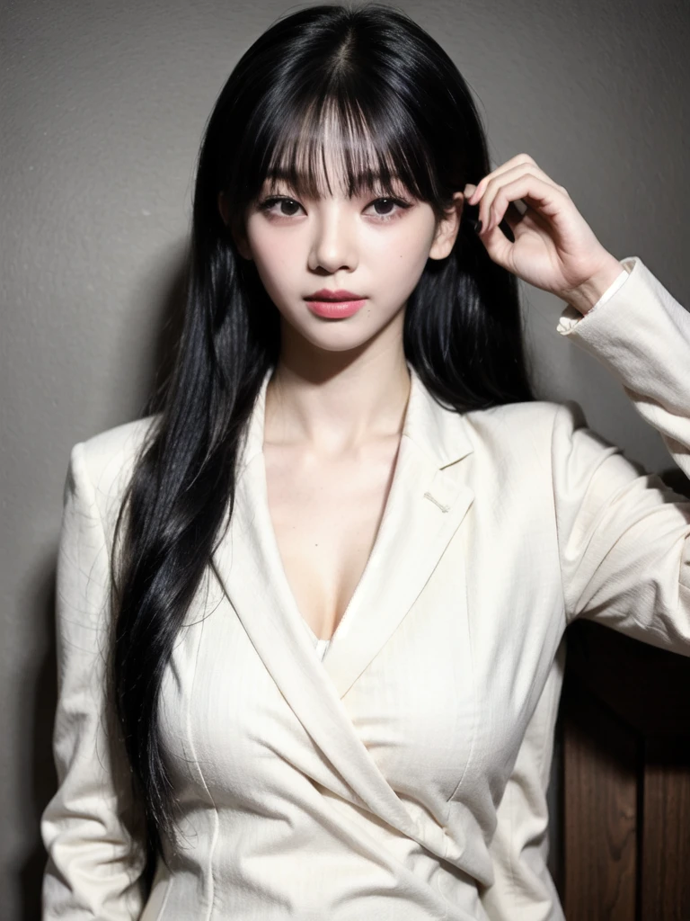 Cool beauty，Looks sweet. Wearing black oversize blazer, deep v, show cleavage, natural big breast, plump body, big thigh. Pink background.