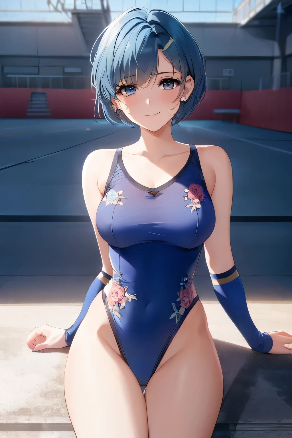 masterpiece, best quality, absurdres, niflswim, 1girl, solo, view,Juno,bikini,((Tight leotard)), ((sexy pose)), ((Wrestling ring)), bikini, cleavage, cleavage cutout, side-tie bikini bottom, hair ornament, white bikini
