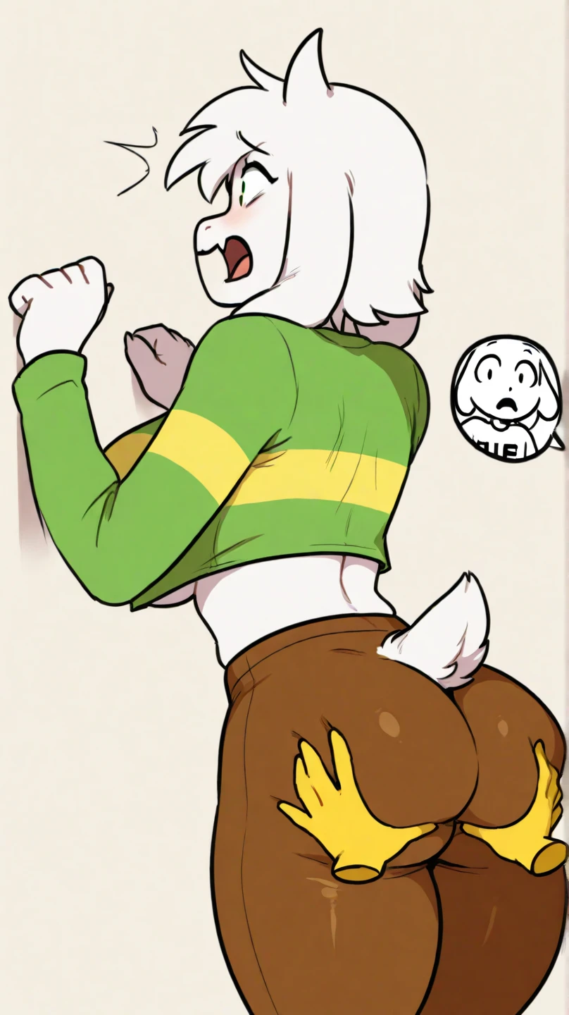 Yellow hair, Yellowish orange fur, long loose green hoodie, brown pants, female, (neco arc), (cat), :3 face, wide hips, hourglass figure, cameltoe, small breasts, nipple outlines, bare hips, pants fly down, legs apart, looking at viewer sheepishly, red blush, embarrassed smile, blue womb tattoo on underbelly, crotch leaking, pushing perspective, pregnant
