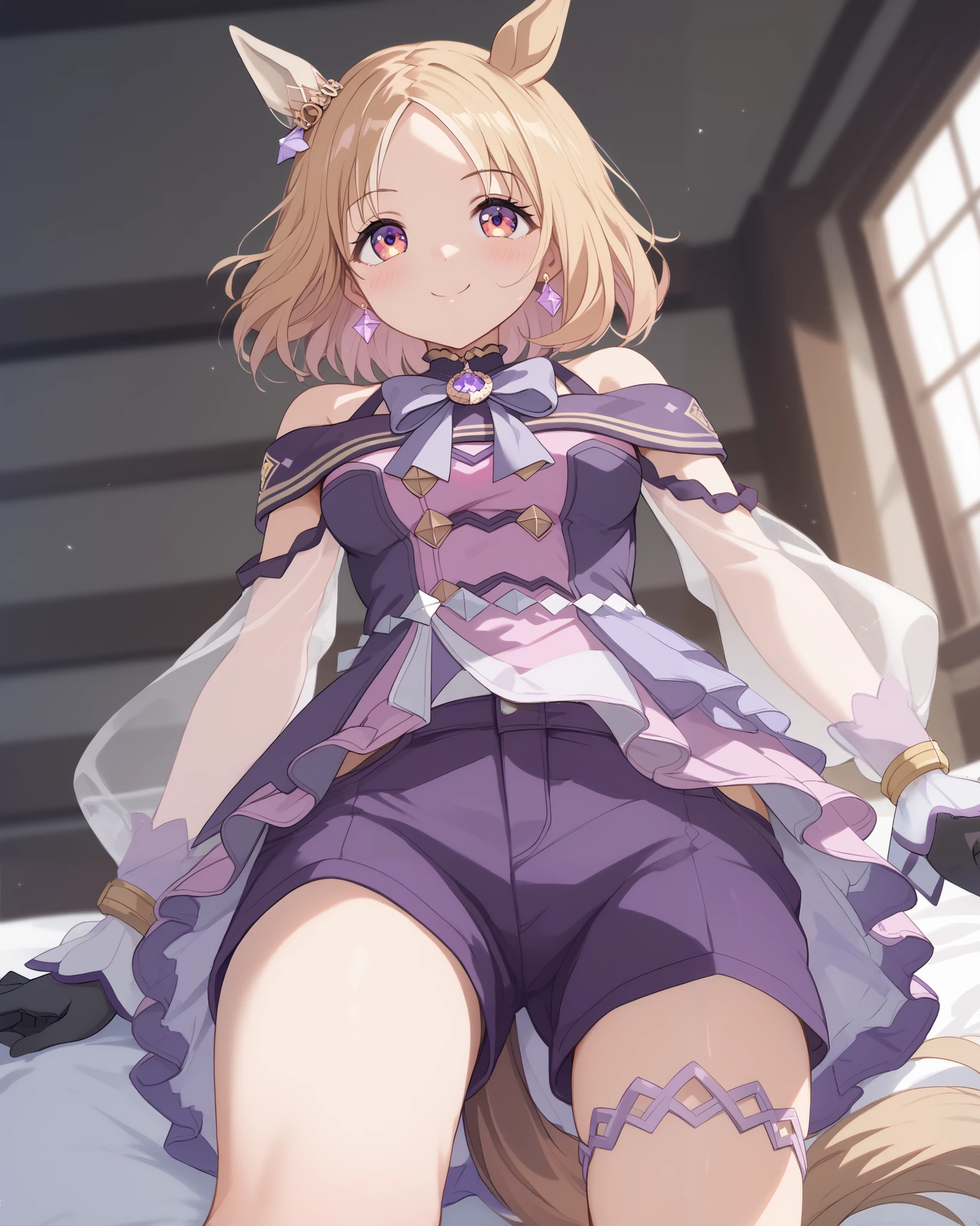 Narita、horse tail、short hair、animal ears、earrings、 ear cover、One ear cover
purple dress、off-the-shoulder dress、purple ribbon、long sleeve、See-through sleeves、Black gloves、purple shorts、thigh strap、with exposed shoulders,1 girl, alone, anime style,cute girl,Best Quality, super detailed, anime style,8k, high resolution, detailed face, Character's Upgraded Image,on the bed,( not too bright),is shy,I'm dyeing my cheeks a little red,(Smooth Thighs),An upshot from the thigh,image looking up from below