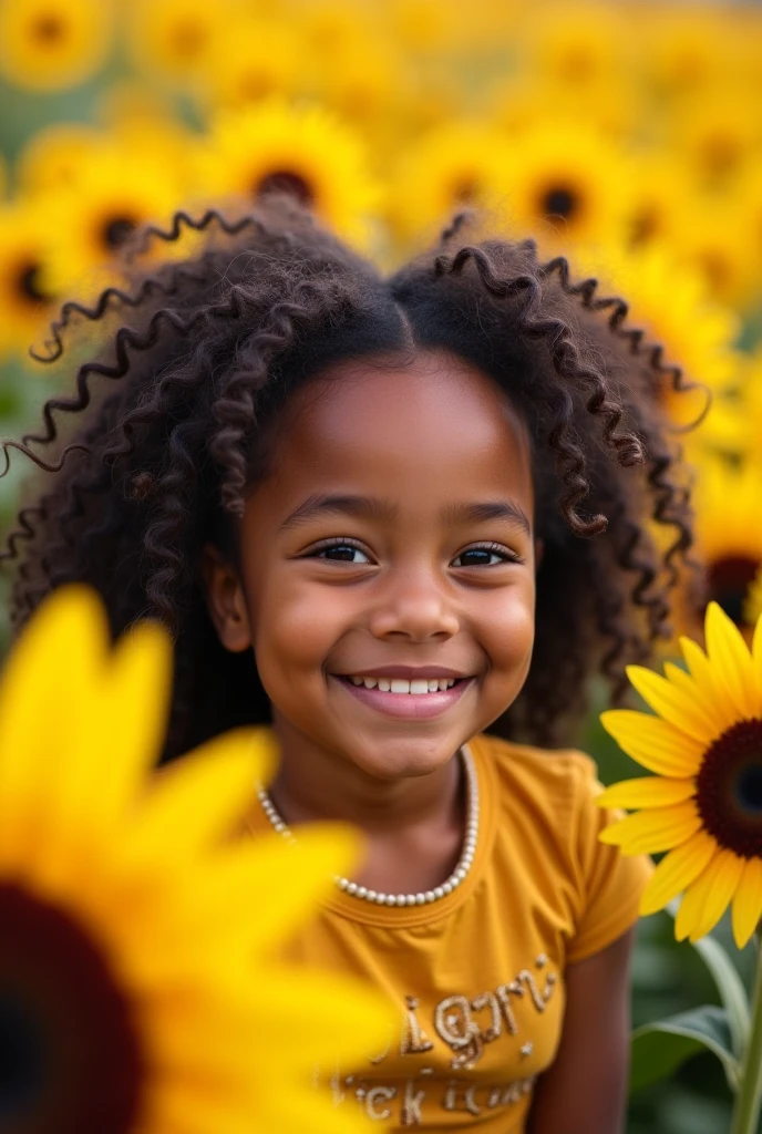 1woman, solo, 10 years old, smiling happily, afro-futuristic, long curly hair, brown eyes, symmetrical face lined up, silk floral dress, blur motion blur, fisheye lens, sunset, rain afternoon, field, leaves being blown away by the wind, magnificent landscape, Greg RutKowisk --auto --s2