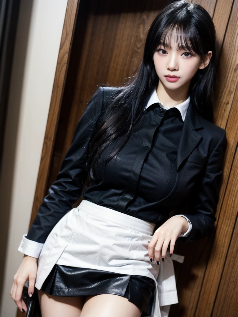 ((high quality)), ((table top), (detailed face), (highlight), female、Big breasts、blunt bangs、black hair、standing position、combat uniform、skirt、