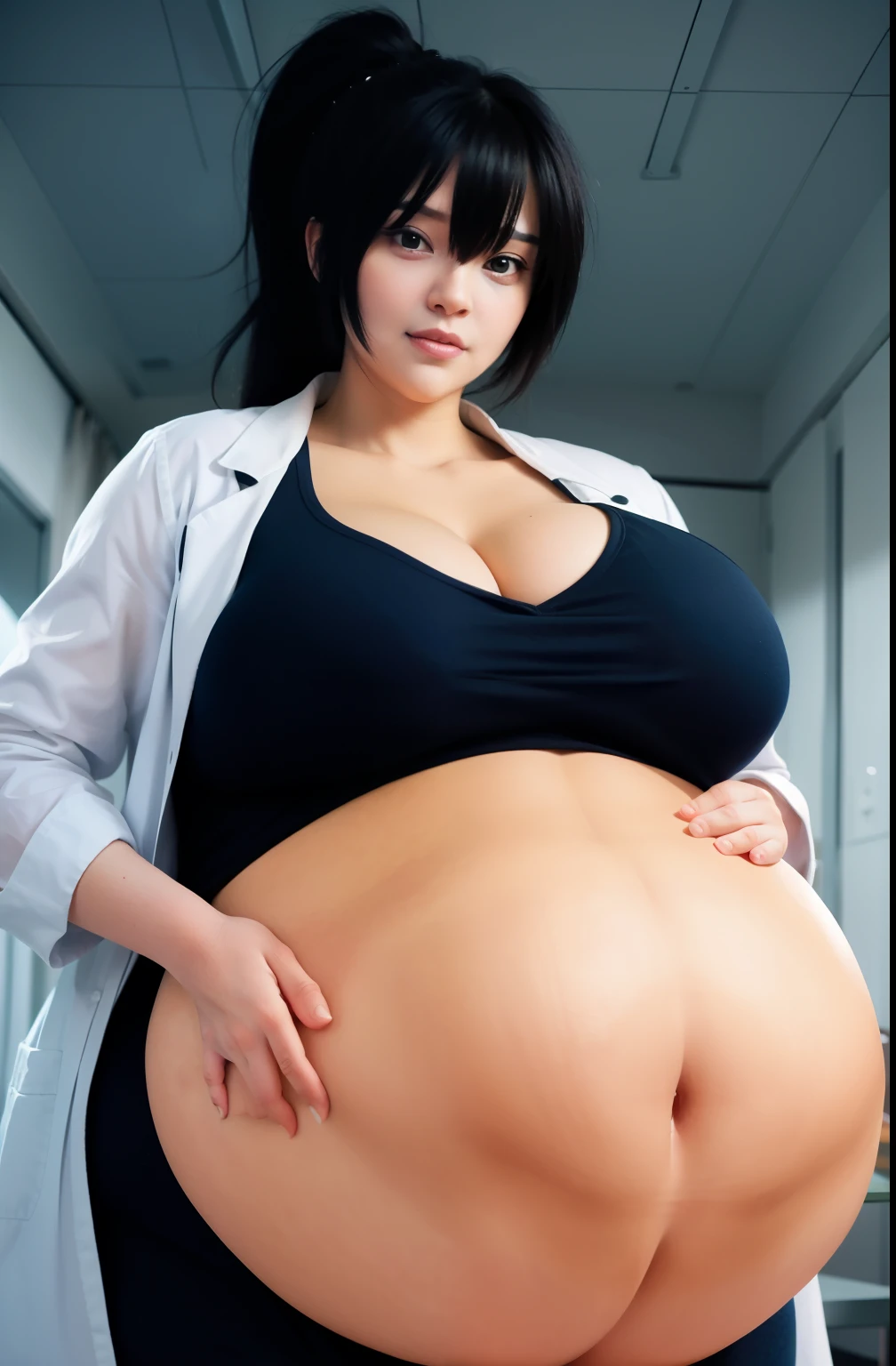 Aubrey Plaza, masterpiece quality, high res, lots of detail, alone, 1girl, solo, in a college laboratory, chemistry equipment in background, wearing white lab coat, topless, (naked breasts:1.5), naked breasts, wearing blue jeans, wearing choker collar, long hair, lots of cleavage, big breasts, (big breasts:1.3), chubby body, (chubby body:1.5), (chubby belly:1.5), pouting, blushing, (blushing:1.4), 