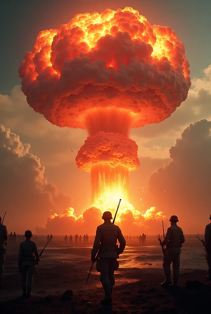 create images A captivating visual that encourages viewers to like, follow and comment. O logotipo "you will remmber these memes in your dreams" reappears with bold and engaging animation. The background includes subtle references to the weapons discussed, as silhouettes of the Maxim machine gun, of the  and a touch of the atomic bomb cloud.