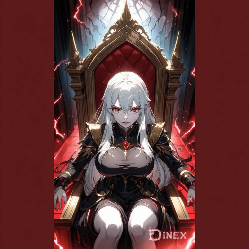 masterpiece, extra limbs, 1vampire lady, 250 years old,(light gold extra long hair), slant blank ruby red eyes, big breasts, muscle,(pale white finely detailed skin), (serious),(((clothed:1.5 Sorcerer))),hair ornaments,earrings,cape,evil sword,crossed legs,sitting on throne,old castle,midnight