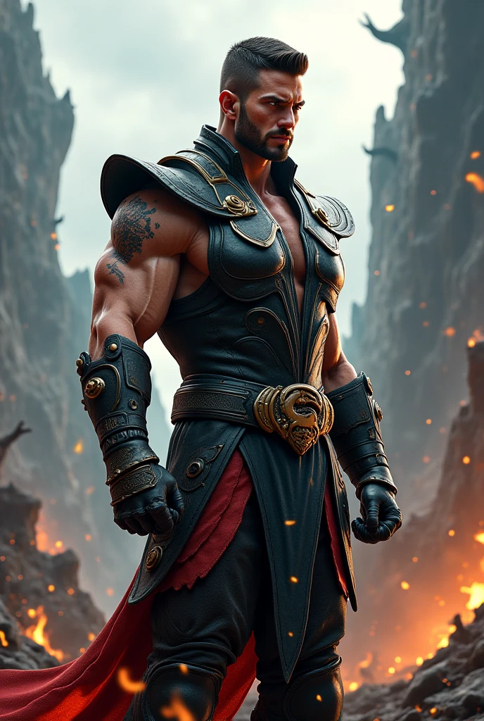 1man, tall muscular man, tanned skin, short cropped black hair, grey eyes, wearing belt, loincloth, and jeweled leather harness with intricate amulet, on high ground, raising sword over head, orange sky, two moons, rust colored desert, ruined stone city towers in the distance, bokeh, raytracing, realistic textured skin, particle effects, depth of field