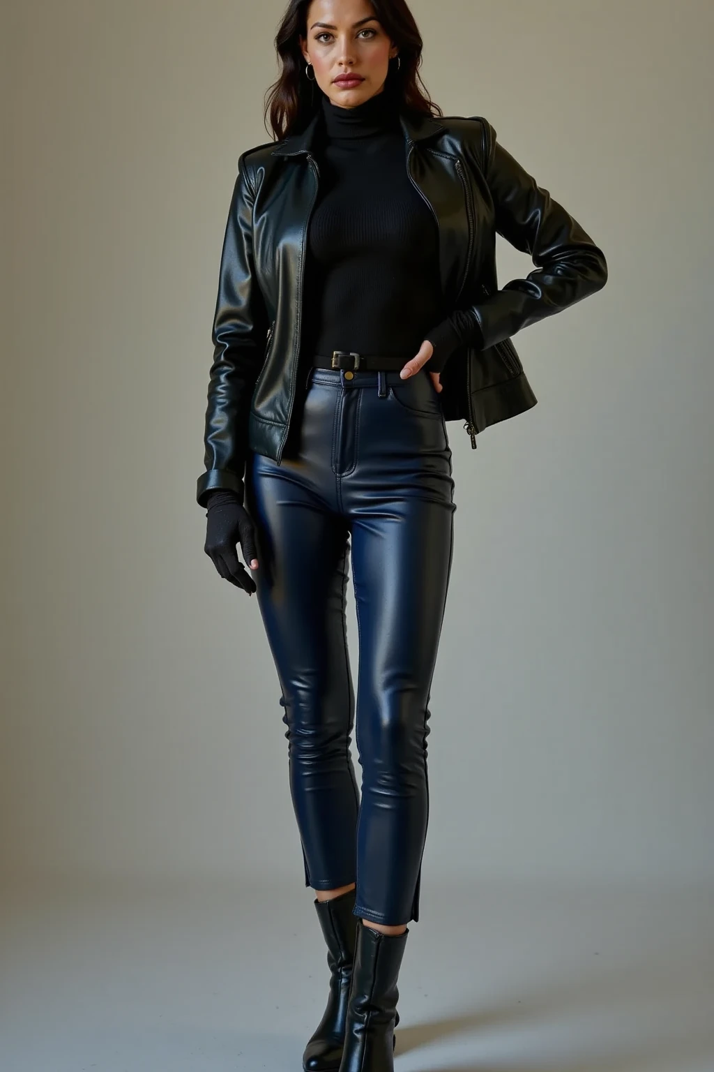 (melhor qualidade,high resolution),homem vestindo(latex) camiseta, homem vestindo a jacket, moda elegante, olhar nervoso, estilo de rua urbano, comportamento confiante e legal, roupa da moda, esquema de cores preto e branco, design minimalista, textura brilhante e suave, high contrast lighting, Eye-catching appearance.