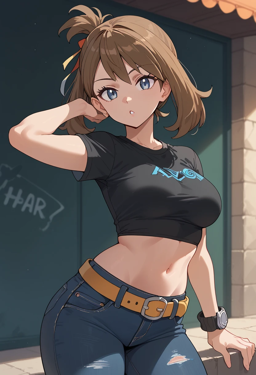 score_9_up, score_8_up, score_7_up, 1girl, solo, source_anime, hourglass figure, Big breasts, kemonomimi, bear ears, brown hair, short hair, messy_hair, blue eyes BREAK freckles, naked overalls, blue overalls, black gloves, , outdoors, blue sky, construction site, side view, looking at viewer, crossed arms, open mouth, standing, seriuous face