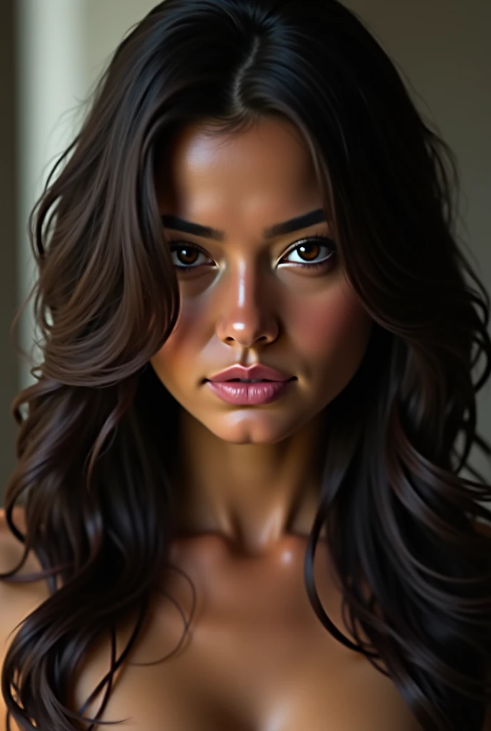 Create an image of an extremely realistic woman who exudes confidence and sexuality. She should be dressed in a very short outfit that highlights her charm and self-esteem and be in a provocative position.. The image should highlight her beauty and individuality, with a pose that conveys confidence