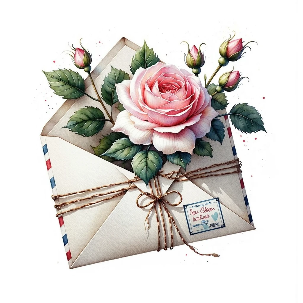 watercolor style, retro envelope, pink roses, art style, neon colors, clear focus, on a white background