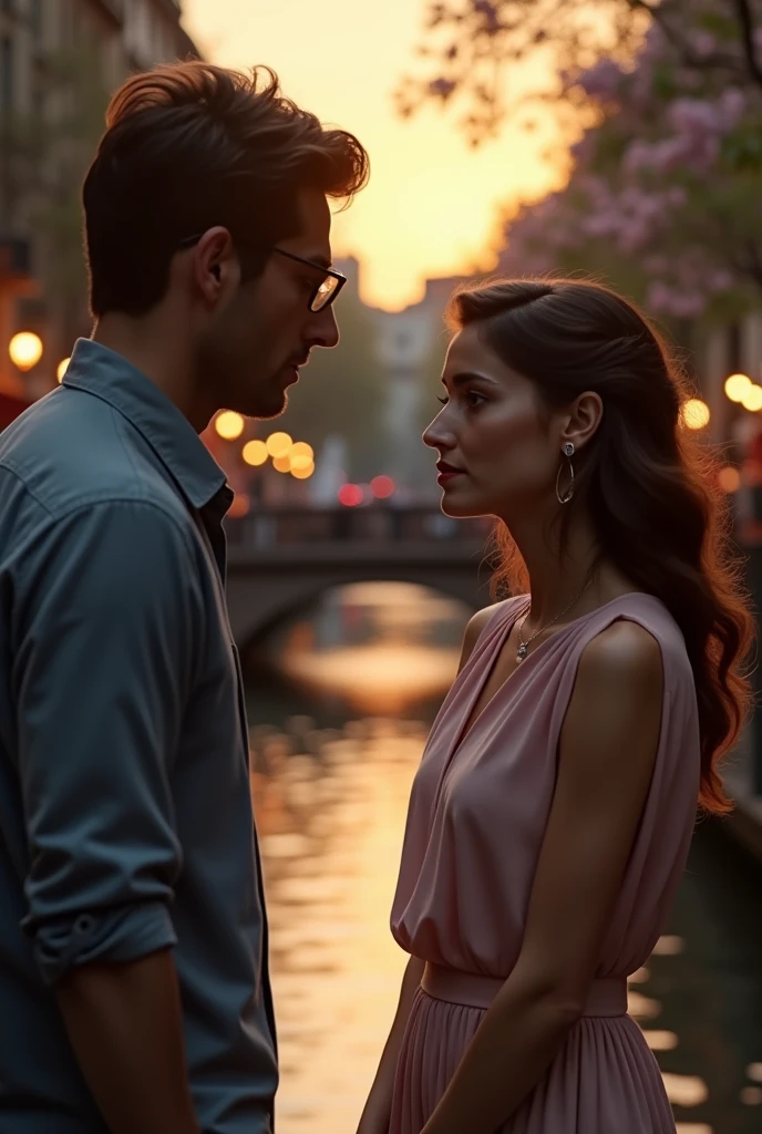Man and woman hugging on the street、 4K, Couple, lovely Couple, wonderful, happy Couple, Backlit photo sample、A middle-aged man wearing glasses and a beautiful woman in her twenties