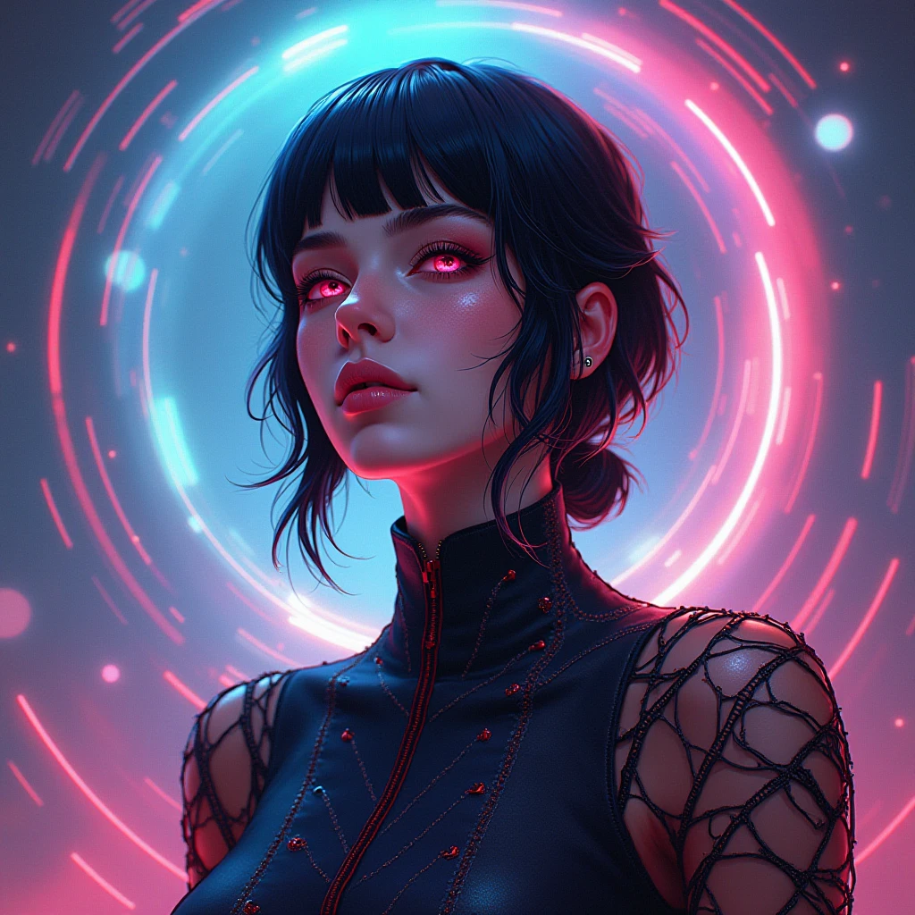 Vaporwave, 2d anime art illustratuon, moxin, ink splatters and bold brush lines, dark silhouette of a woman in a pitch black void, orange rim lighting gradually changing into red room lighting, eyes glowing with cold blue light, rising smoke, fever dream, chrome skin, volumetric lighting, subsurface scattering, godrays, frosted particles