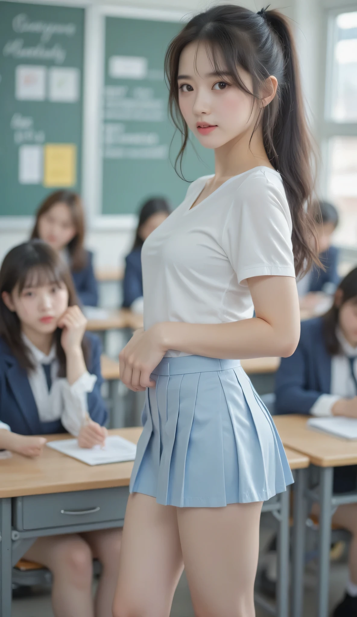 18 years old skinny korean girl with very ling hair tail brunette hairstyle is staying in the classroom in light blue mini skirt played very short as we can see her white underwear a little bit behind her skirt, and the nice white top shirt, in her legs are socks knees