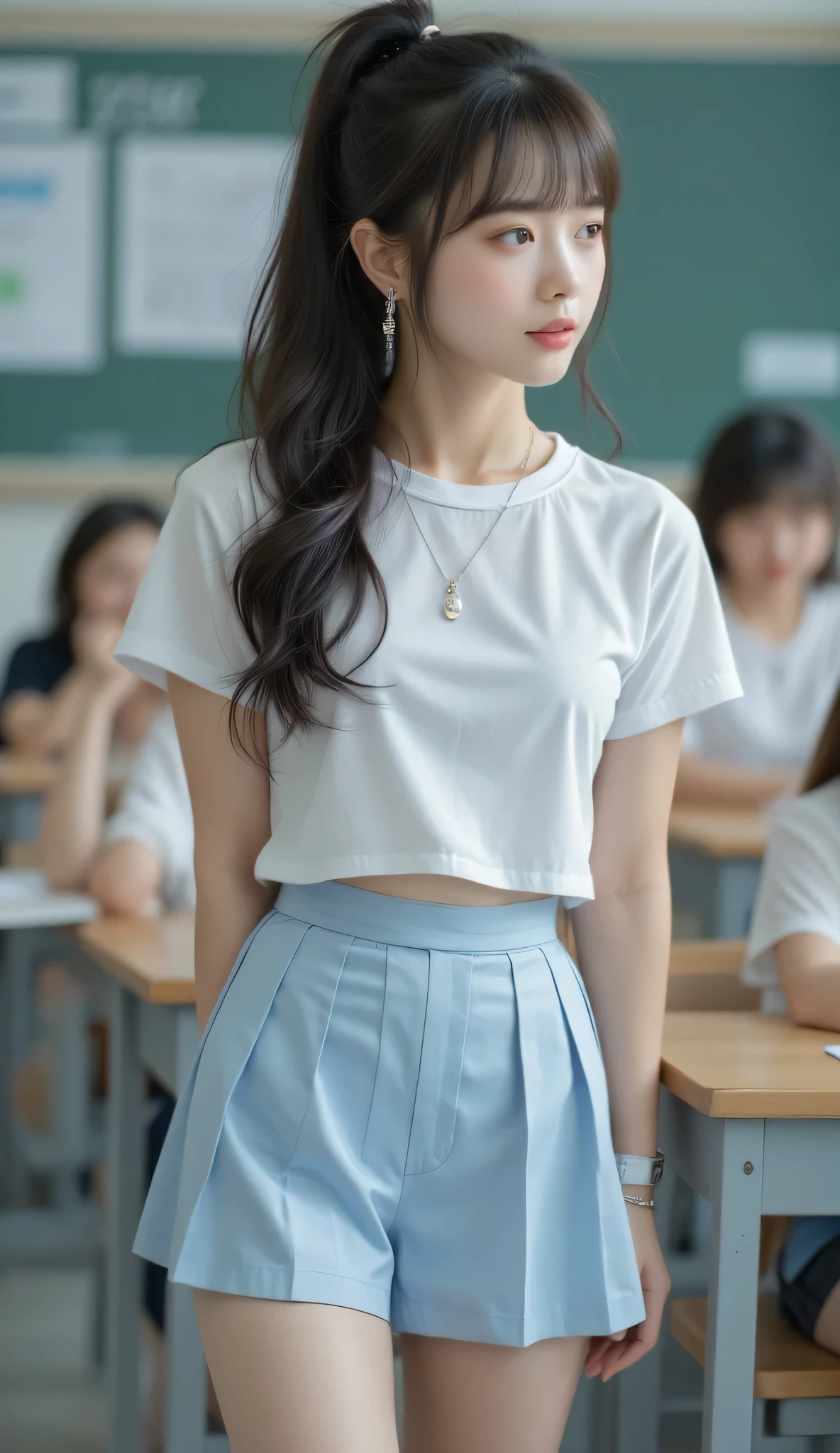 18 years old skinny korean girl with very ling hair tail brunette hairstyle is staying in the classroom in light blue mini skirt played very short as we can see her white underwear a little bit behind her skirt, and the nice white top shirt, in her legs are socks knees