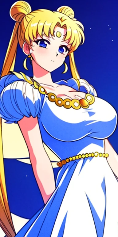 SMU Sagitsukino, 큰pectorals, Standing, Solo, Masterpiece, Best Quality, Detailed face, Detailed Eyes, high resolucion, Masterpiece, Best Quality, Detailed face, Detailed Eyes, high resolucion, Princess costume,tranquility,프린세스tranquility,네오퀸tranquility,pectorals,Big,거대한pectorals,풍만한pectorals.a blond,Dumpling head,왕pectorals,breast,forehead crescent moon,젖pectorals,흘러넘치는pectorals,voluptuousness,The dress,crescent moon on forehead,90s Animation,The dress끈없음