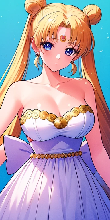 SMU Sagitsukino, 큰pectorals, Standing, Solo, Masterpiece, Best Quality, Detailed face, Detailed Eyes, high resolucion, Masterpiece, Best Quality, Detailed face, Detailed Eyes, high resolucion, Princess costume,tranquility,프린세스tranquility,네오퀸tranquility,pectorals,Big,거대한pectorals,풍만한pectorals.a blond,Dumpling head,왕pectorals,breast,forehead crescent moon,젖pectorals,흘러넘치는pectorals,voluptuousness,The dress,crescent moon on forehead