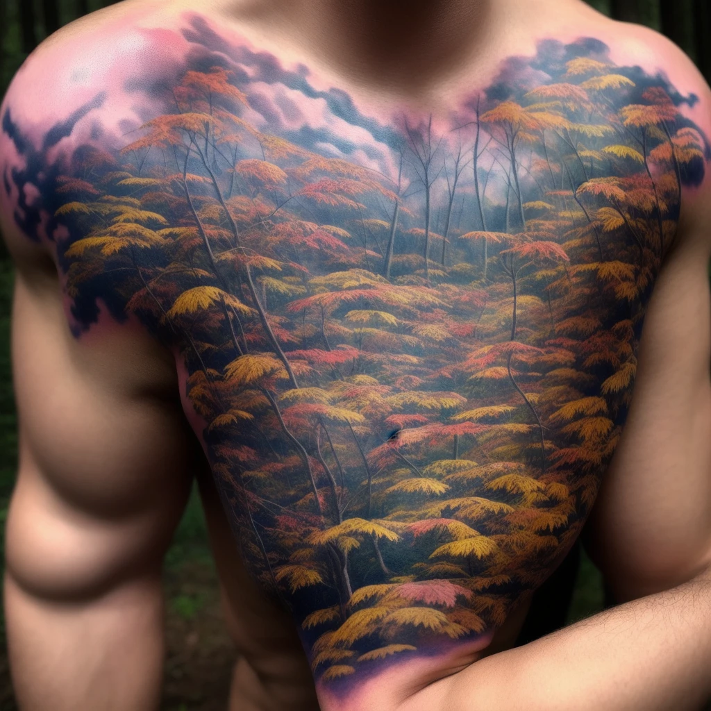 Tattoo wings on the chest，The lower abdomen tattoo is a mouth
