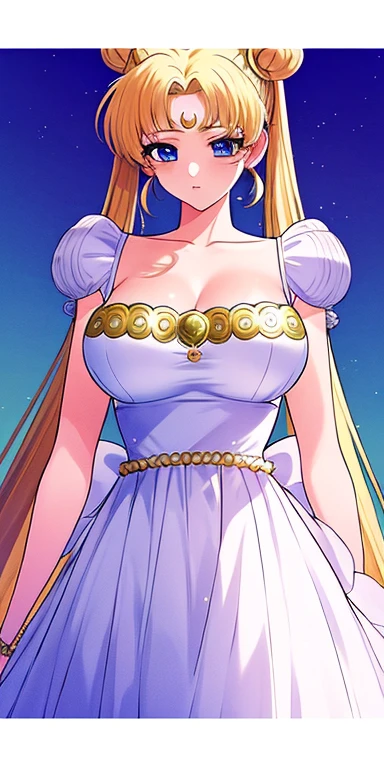 SMU Sagitsukino, 큰pectorals, Standing, Solo, Masterpiece, Best Quality, Detailed face, Detailed Eyes, high resolucion, Masterpiece, Best Quality, Detailed face, Detailed Eyes, high resolucion, Princess costume,tranquility,프린세스tranquility,네오퀸tranquility,pectorals,Big,거대한pectorals,풍만한pectorals.a blond,Dumpling head,왕pectorals,breast,forehead crescent moon,젖pectorals,흘러넘치는pectorals,voluptuousness,The dress,crescent moon on forehead