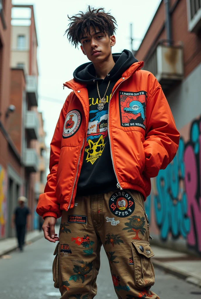 16 year old mexican rapper  wearing fingerless gloves and hiking boots and knee high socks