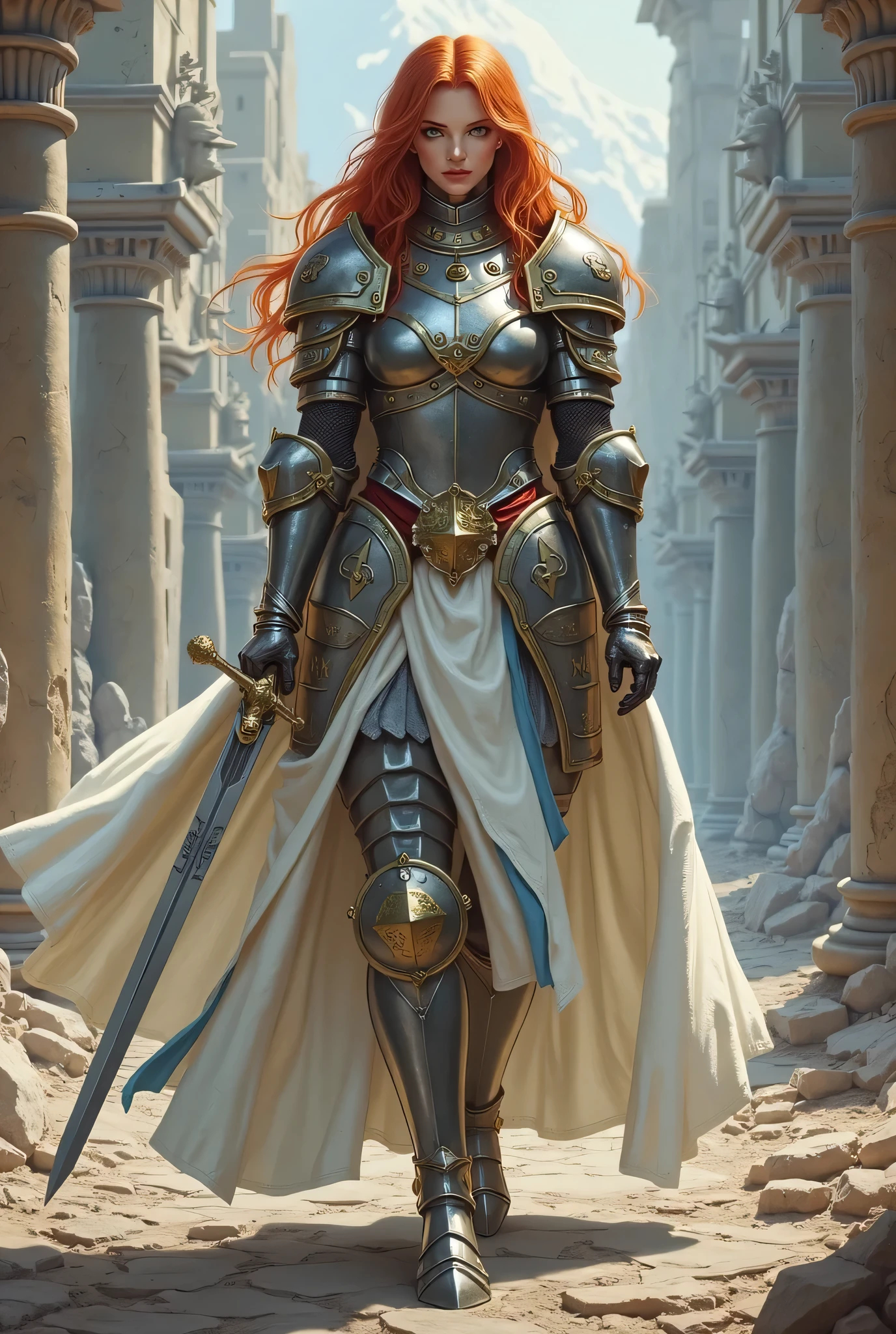 A woman in armor walking through a stone path - SeaArt AI