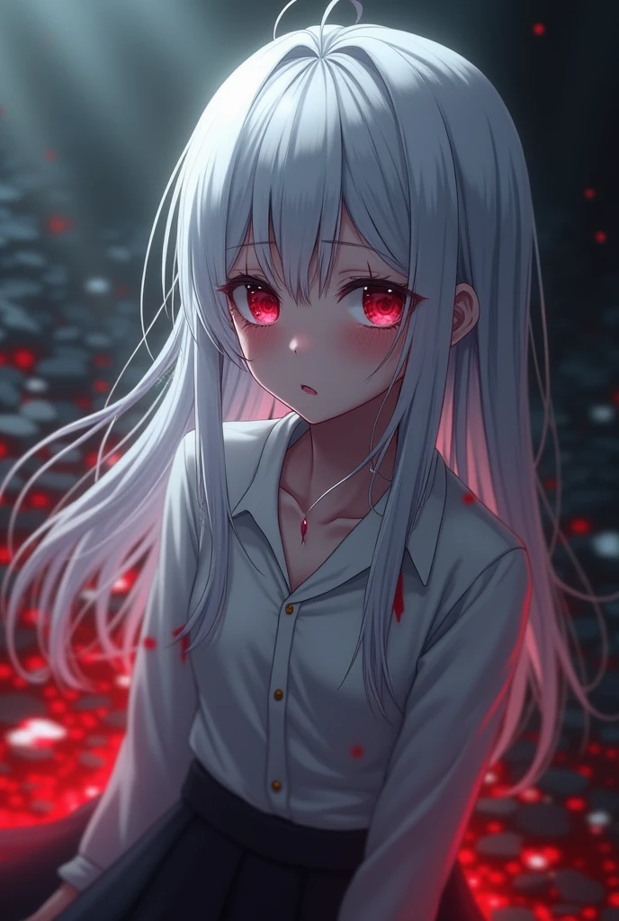 white clothes，Stray girls，sullen，dark，dim，Pitch Black Background，dungeon，dim light，blood stains，wooden room
