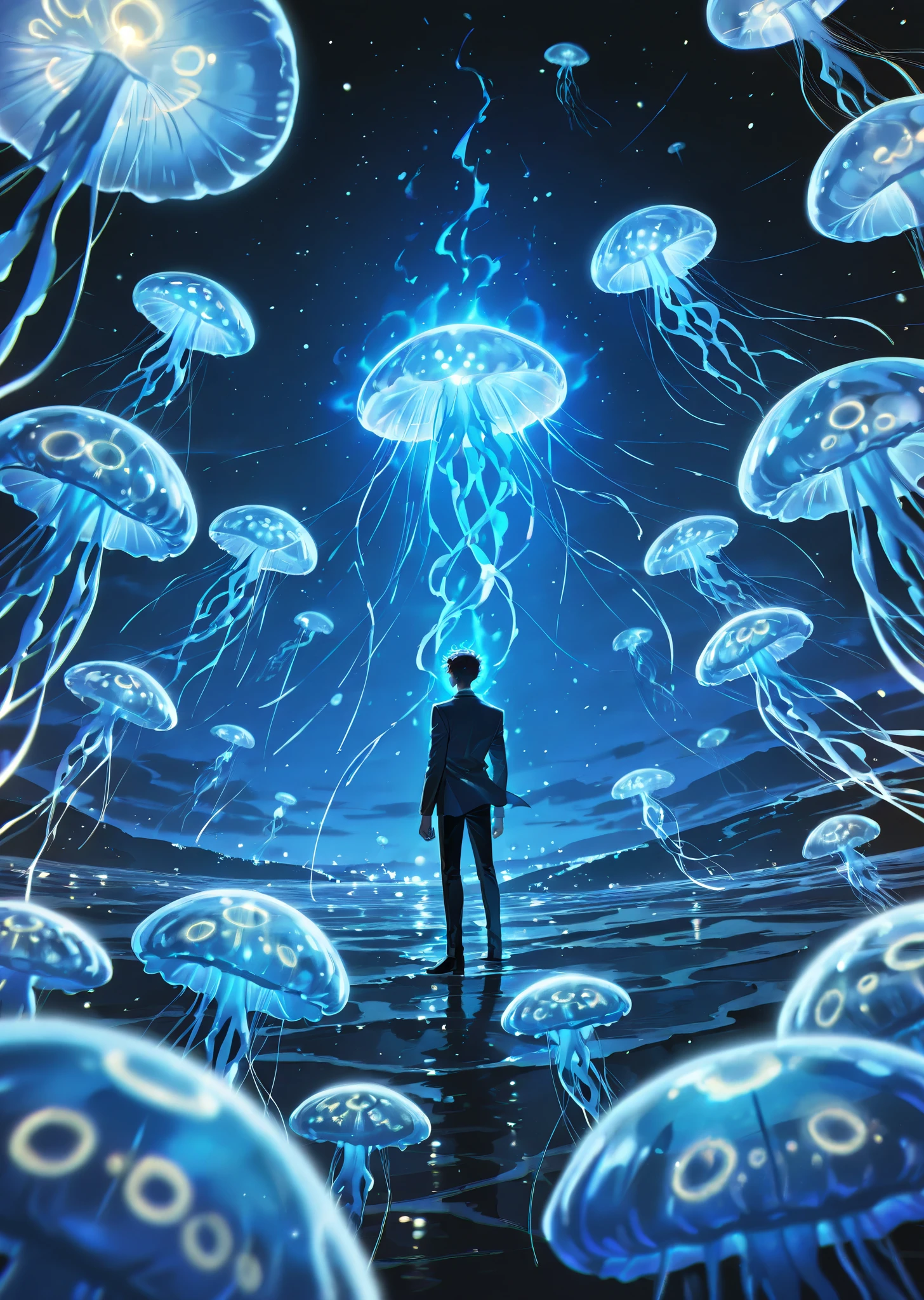 The man has an aura, surrounded by blue, with jellyfish