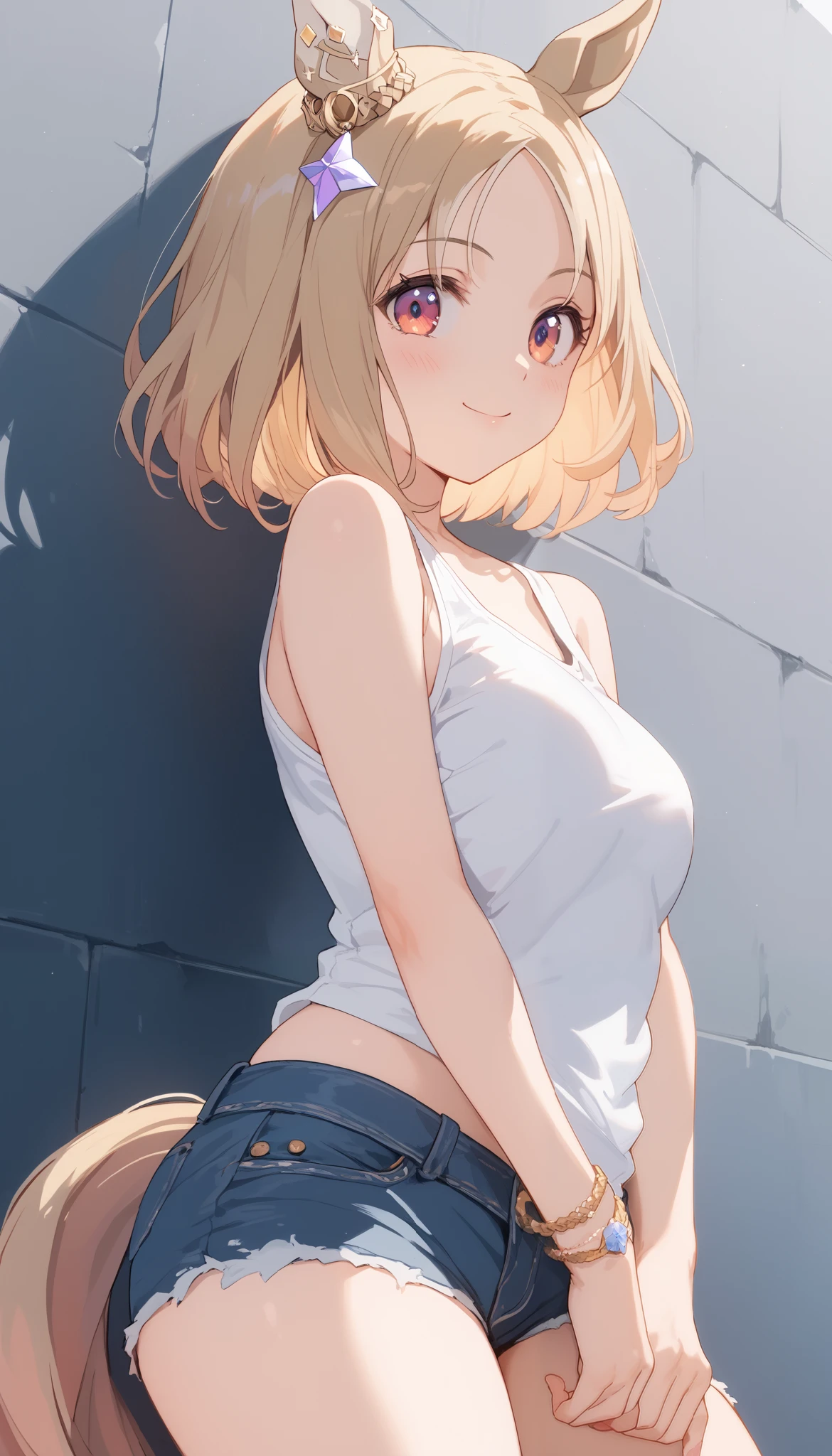 Narita, horse tail, short hair, animal ears, ear ornament, ear covers, single ear cover,((white tank top)),((blue micro mini denim shorts)),(in the middle of the city),((leaning against a gray wall)),(smiles),looking here,I'm dyeing my cheeks a little red,Super upshot of the character,1 girl, Alone, anime style,cute girl,Best Quality, super detailed, anime style,8k, high resolution, detailed face, (Above the thighs image),Character's Upgraded Image,((Smooth Thighs)),((character up image from the thigh)),Looking from the side