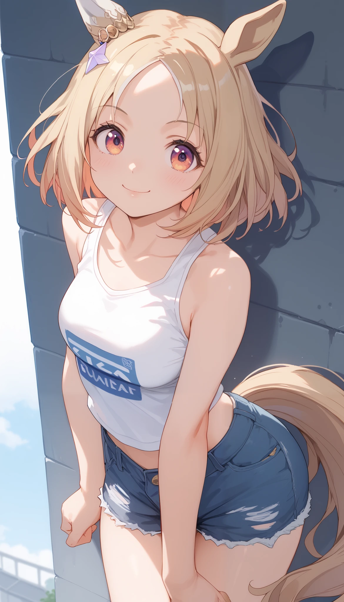 Narita, horse tail, short hair, animal ears, ear ornament, ear covers, single ear cover,((white tank top)),((blue micro mini denim shorts)),(in the middle of the city),((leaning against a gray wall)),(smiles),looking here,I'm dyeing my cheeks a little red,Super upshot of the character,1 girl, Alone, anime style,cute girl,Best Quality, super detailed, anime style,8k, high resolution, detailed face, (Above the thighs image),Character's Upgraded Image,((Smooth Thighs)),((character up image from the thigh)),Looking from the side