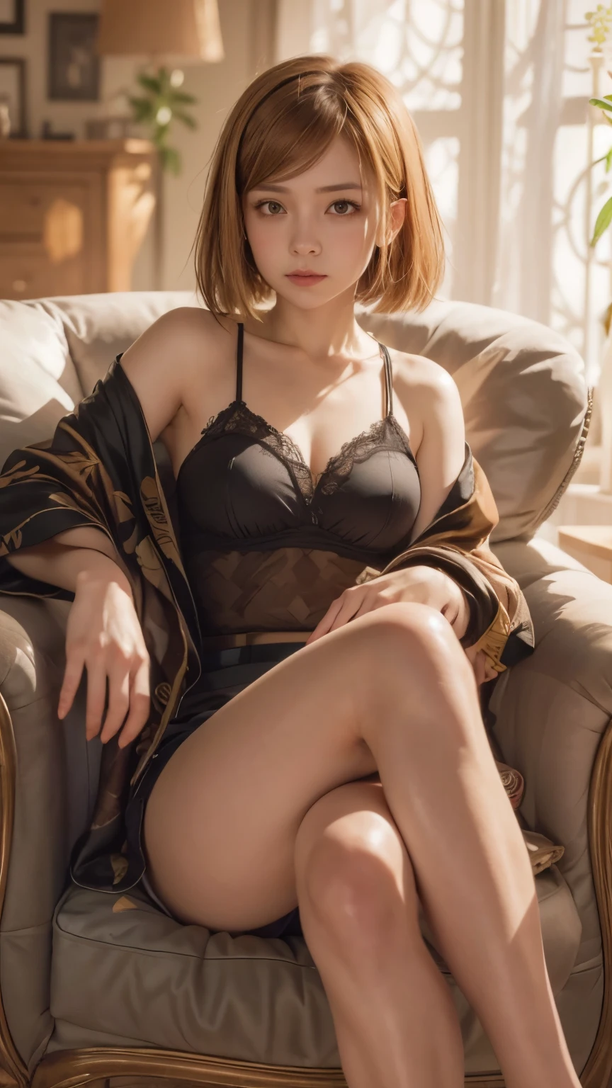 ((best quality, 8 thousand, masterpiece:1.4)), (20세 female),masterpiece, separate, Highres, High_quality, large_launch, small_face, absurdly_short_hair, female, sag_chest, strike a balance, stretching, mild_face, only_shoulder, center_open, naked (blonde wavy very long hair), (a scene from a movie, Europe, (Cover yourself partially with a large blanket and sit with your legs apart..), (glowing skin, skin glow), Big breast