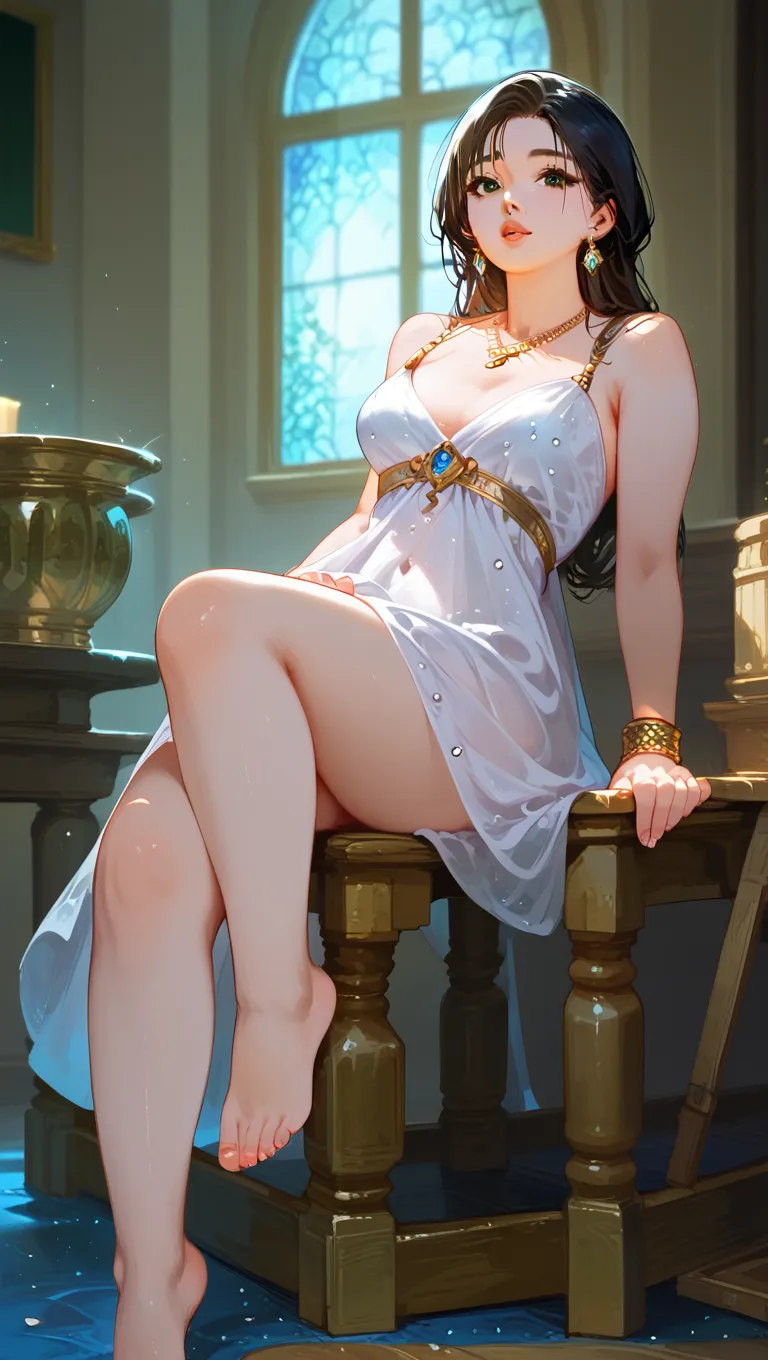1 mature woman, curvy, nude, thick thighs, sensual pose, large breasts, spreading legs, sexy feet, erotic feet, highly detailed, photorealistic, 8k, best quality, hyper-realistic, chiaroscuro, dark fantasy, elegant, alluring