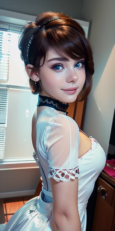 A 15 year old cheerleader, 
Pale skin and pink lips,
huge breasts,
short brown hair, 
with a white bow on her head,
Blue eyes,
a sweet smile,
With adorable face,
His suit is blue and shows his abdomen. 