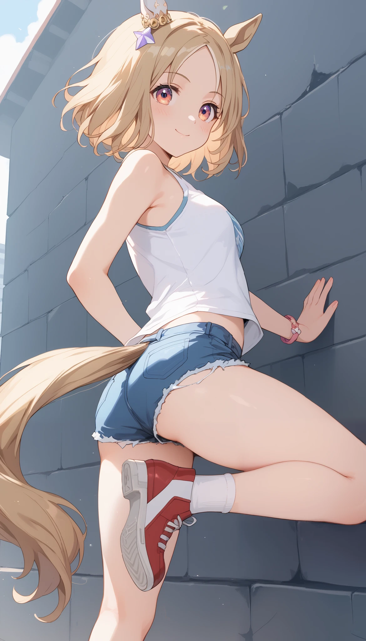 beautiful, (Obra maistra:1.2), (Best Quality:1.2), Perfect eyes, Perfect face, perfect lighting, 1 girl, is, Back, Backboob, baseball cap, black panties, old, Brown hair, crop top, cutoffs, denim, denim Bermuda, de ispaldas, disde atrás, has, High leg, High leg panties, wide, median furrow, large old, micro Bermuda, panties, Horse tail, short Bermuda, Bermuda, side chest, simple Background, Alone, Sleeveless, Thighs, correa, under the chest, underwear, Field, gris, catwalk, huge is, Wide hips, arms at the side
