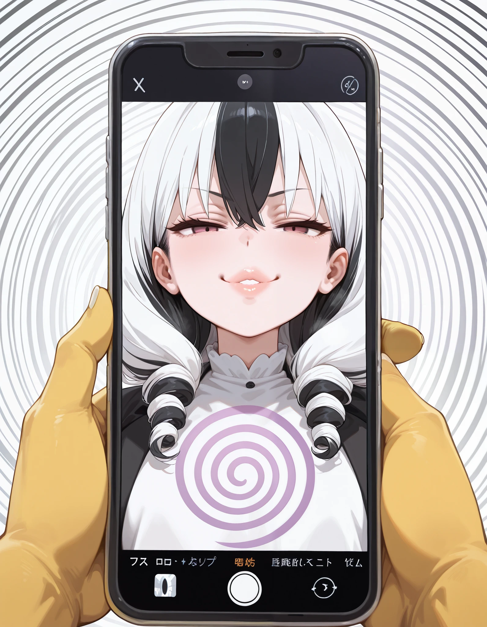 BLACK AND WHITE HAIR, SPLIT-COLORED HAIR, BLACK AND WHITE HAIR, HOLDING PHONE, HYPNOSIS, HYPNO POV, front pov, smirk, big lips, spiral background, spirals
