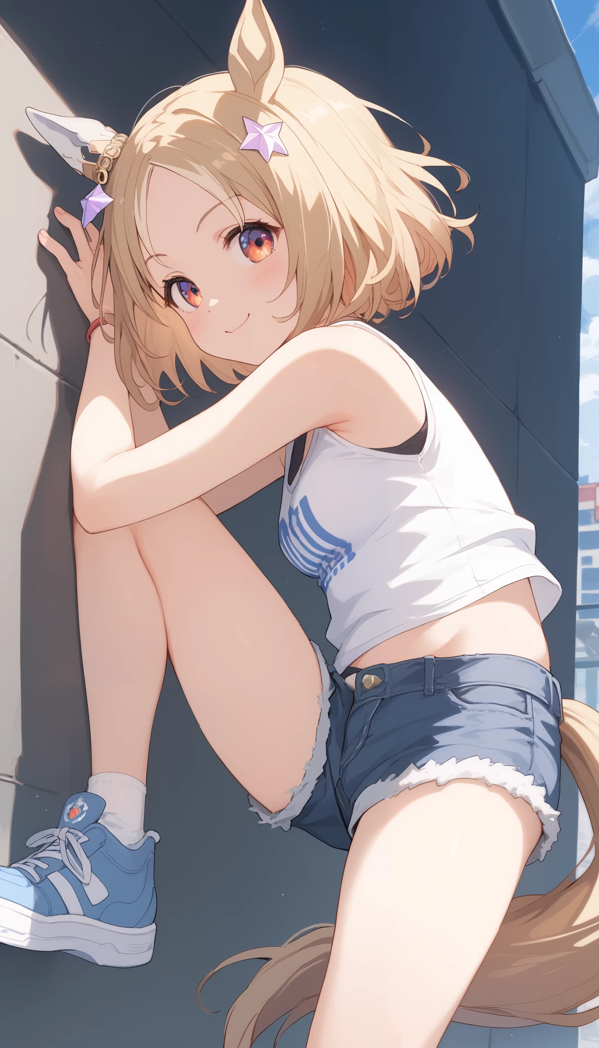 Narita, horse tail, short hair, animal ears, ear ornament, ear covers, single ear cover,((white tank top)),((blue micro mini denim shorts)),(in the middle of the city),((I'm leaning against a gray wall and raising one leg to my knee)),(smiles),looking here,I'm dyeing my cheeks a little red,Super upshot of the character,1 girl, Alone, anime style,cute girl,Best Quality, super detailed, anime style,8k, high resolution, detailed face, (Above the thighs image),Character's Upgraded Image,((Smooth Thighs)),((character up image from the thigh)),Looking from the side