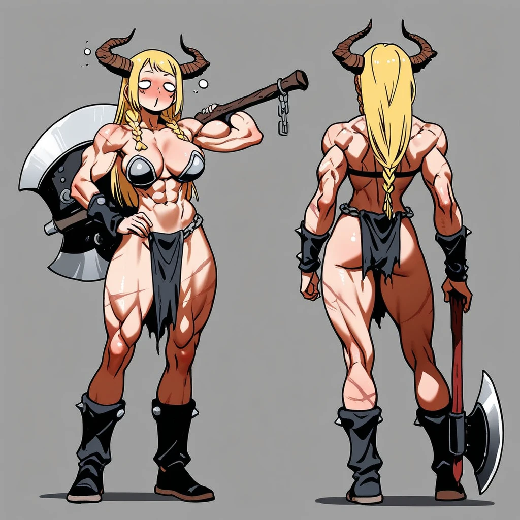 ((masterpiece)),(((best quality))),((character design sheet)), illustration,1woman, environment Scene change, muscular, red skin, white legs, thick legs,devil horns, scribbles and marks, fire, ((detailed face:1.1)), rough sketches, pose too, blonde and white color palette, 8k,16k, (simple background, light background: 1.3)