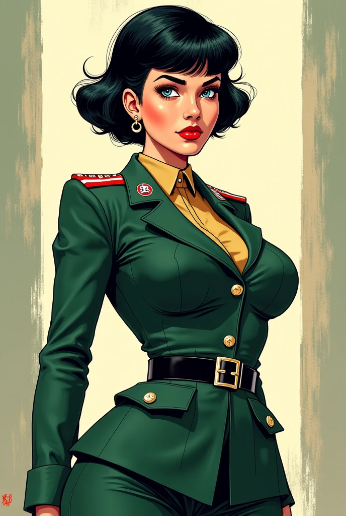 1asian porn actress milf,Dutt Haircut with bun, black hair, glasses, gold epaulet,belt,green general army officer, green latex blazer Uniform, green latex trousers,big , cleavage, black belt, standing in a Park