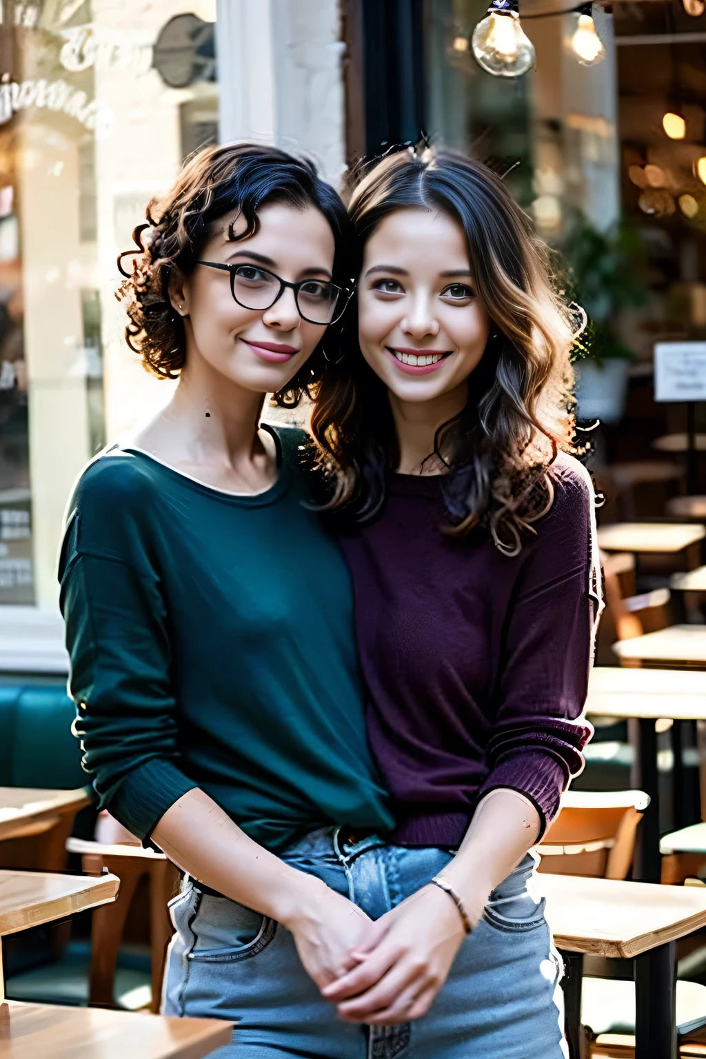 2heads, female couple, age 28, two heads on one body, one torso, hipsters, middle eastern, curly hair, hipster fashion, in bookstore,