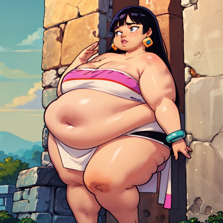 (work of art:1.2, best qualityer:1.2), soft ambient lighting, perfect lighting, 1 girl, standing alone, Chel, Bblack hair, long hair, rhombus stripe, eyes browns, darkskin, lipstick, breasts big, Broad Hips, top of the tube, neckleace, bared shoulders, emerald earrings, emerald bracelets, looking at the camera with a smug expression on his face, beach background, very large body, fat belly rolls, ssBBW, big breasts, sexy smile, fat arms, thunder thighs, super fat, BBW, looking at viewer