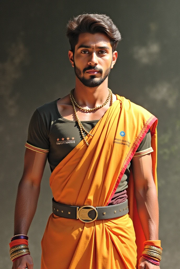 An Indian actor boy wearing indian flag color bra and panty background is room