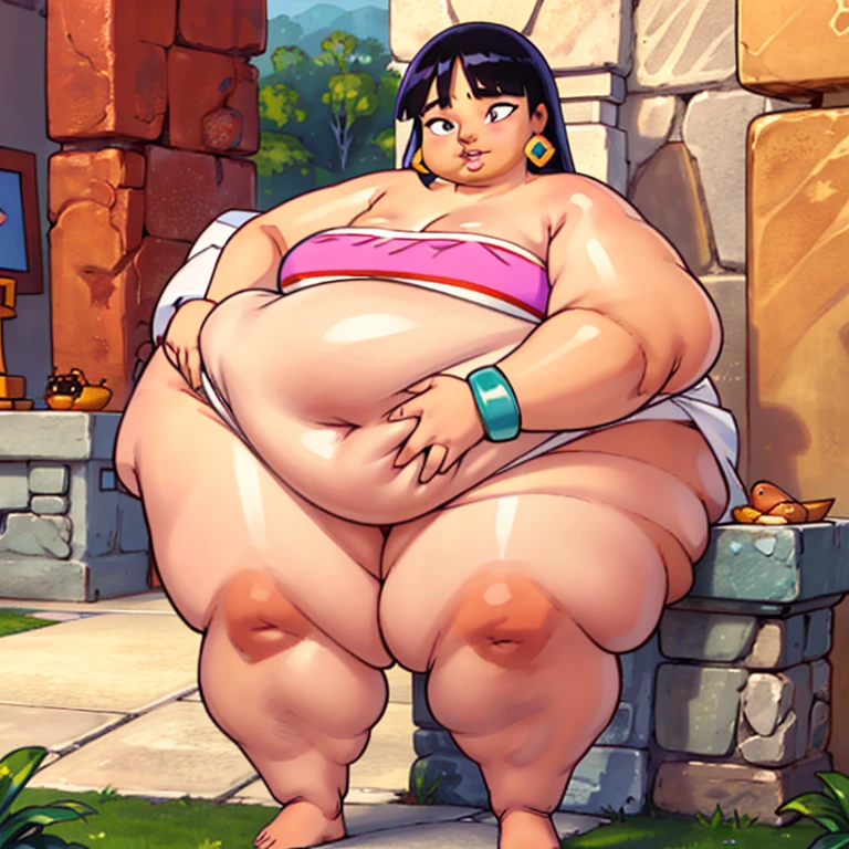 (masterpiece, best quality, highres, detailed, realistic:1.3), age black african american woman, USSBBW, (morbidly obese:1.3), (detailed face, beautiful face:1.2), high aesthetic, panties, messy, slob, being fed, surrounded by worried sisters, side view