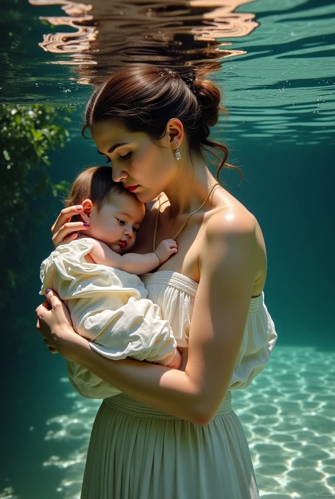 a big girl, breastfeeding her, baby, near the river, aesthetic scenery, masterpiece