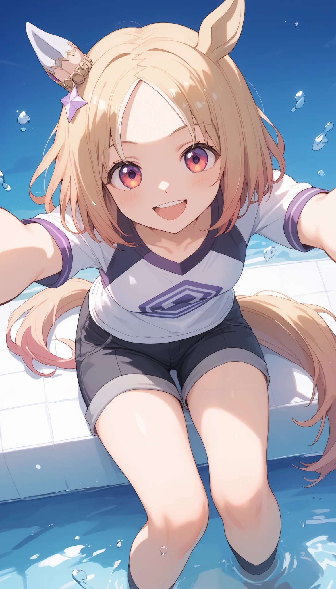 15-year-old girl, ((She is wearing a large white T-shirt with a cute bikini inside, and the T-shirt is wet.))、(Golden hair color、Purple inner color hairstyle、Hair expressed with a delicate touch), Beautiful Hair, Facial Contour, Remember, Large pool, splash, Lens flare、sunlight、illumination、Natural Color, High resolution, Very delicate, Very detailed, 8k,(Breast size around B cup)、Shyness,((Sexual)),((Sexy feeling)),Angle of view from the foot、smile
