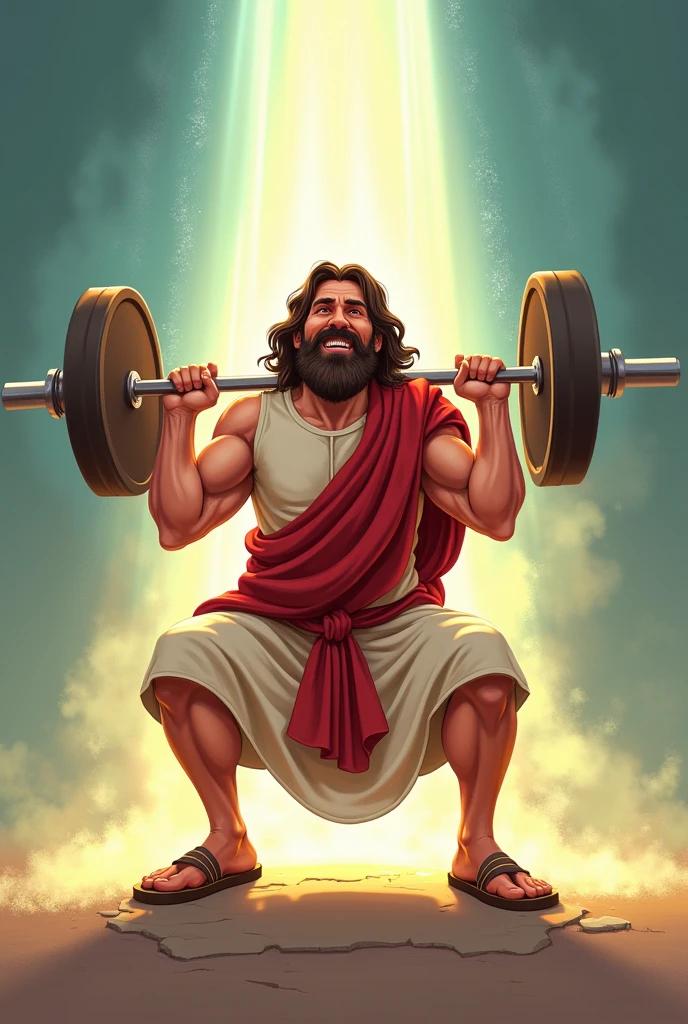 ((((symmetrical perfect face))), touch of oil painting in religious painting, ((((perfect face)), Jesus with a well-formed face, looking up to heaven and shouting, ((shouting with open mouth))))), Jesus with clean eyes, Jesus Christ doing squats with a barbell, ((4 weights)), rusty weights, strong legs, large, wide and wide strong physique |, squatting, Jesus Christ, exaggerated muscular physique, very strong and muscular man, exaggerated muscles, squatting poses, perfect anatomy, classicism,