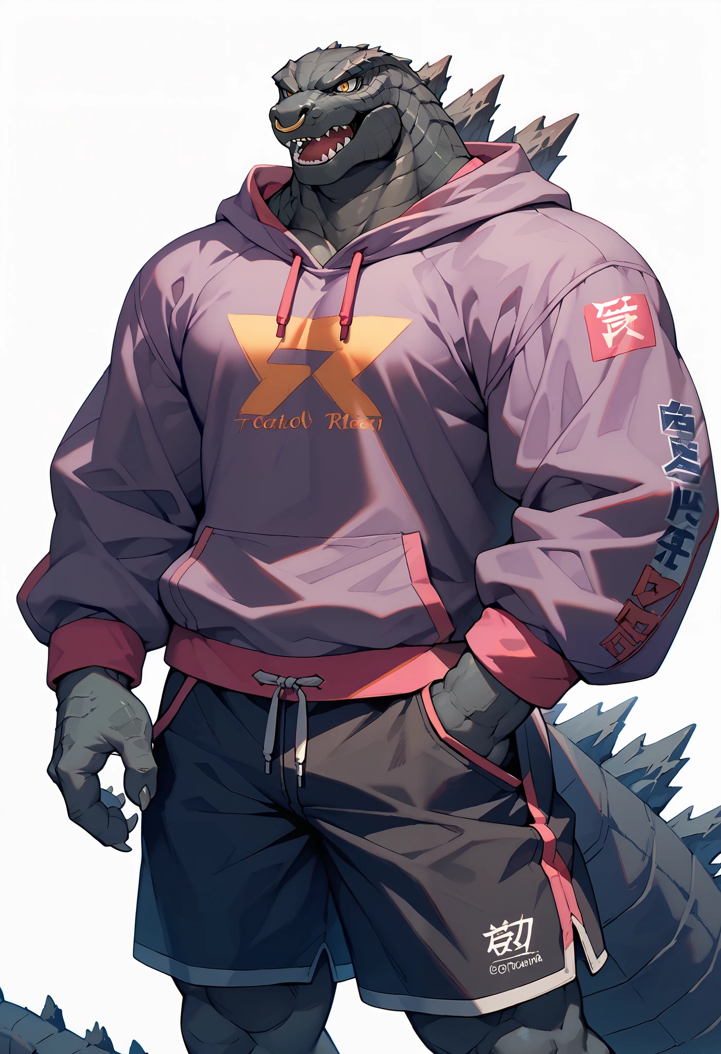 solo, anthro godzilla, muscular character, wearing a baggy hoodie, standing, chest-up, excited, neon lighting, gold eyes, simple background, white background, (big muscles:1.2), purple hoodie, baggy shorts, street shorts, street wear, hoodie, masterpiece, nose ring,