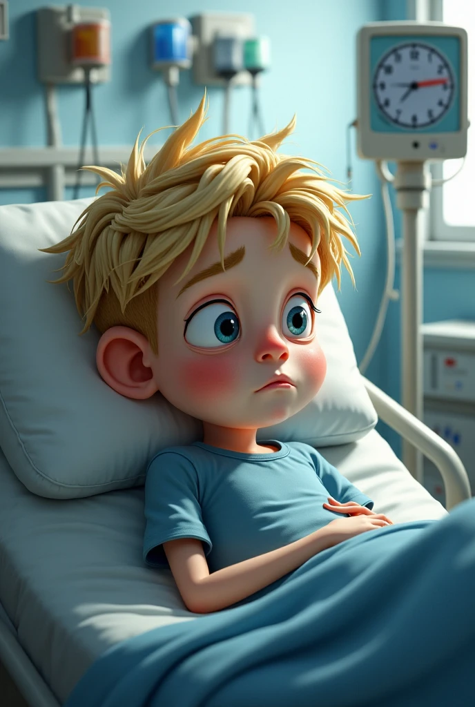Rich blonde boy with two long and thick casts, blue fiberglass on legs, nurse caring, lying in bed,