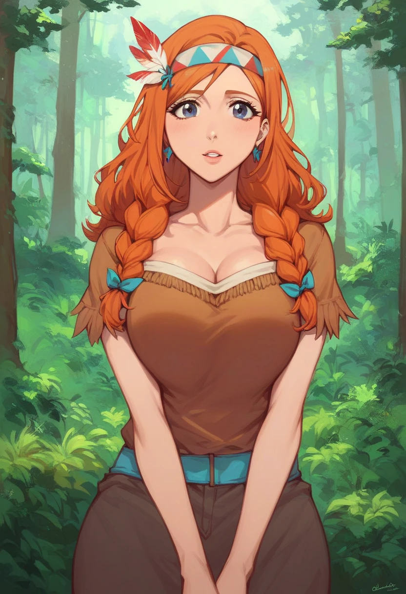 Beautiful, extremely attractive woman, large breasts, wide hips; she is in the middle of the forest (soft, warm lighting); She is wearing a dress tight to her waist, a wide neckline that shows her breasts, a wide opening that shows the hairiness of her pucha; she has the expression of sorrow and sensuality, explicit image, masterpiece, fine details throughout