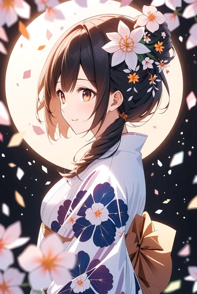 ((illustration, ultra-high detailed, Japanese anime style,   Shinkai Makifu , Beautiful lines, golden ratio full body composition, CG Unity, wallpaper), break ( Beautiful Adult Women, Wearing a Japanese Kimono,  Smile at You , Strongly Willed Gaze, Clear Eyes, full of hope, Aesthetic Realism Colors, Hand with 5 fingers, foot with 5 toes), from side, break (artgrapy style background, The warm arrival of spring, Aesthetic thaw, Beautiful lines, Sharp lines, without distortion, best composition), break 新しい季節の訪れ, black background representing old struggles, aesthetically shining black like lacquer, Expression of melting snow that washes away, attractive contrast between black and white, break 被写体を強調する柔らかな煌き, Dramatically penetrates the light clearly illuminates the desired signpost, extremely transparent dramatic indirect lighting, break \encourages new challenges sakura blizzard,\ Please increase the sharpness of the lines, The background is a vivid dark tone, Note the vivid colors, break 表現力の高い詳細な髪, Traditional hair ornaments made in Japan, It adjusts the overall balance, high contrast), carefully draws intricate details, Nice quality, 