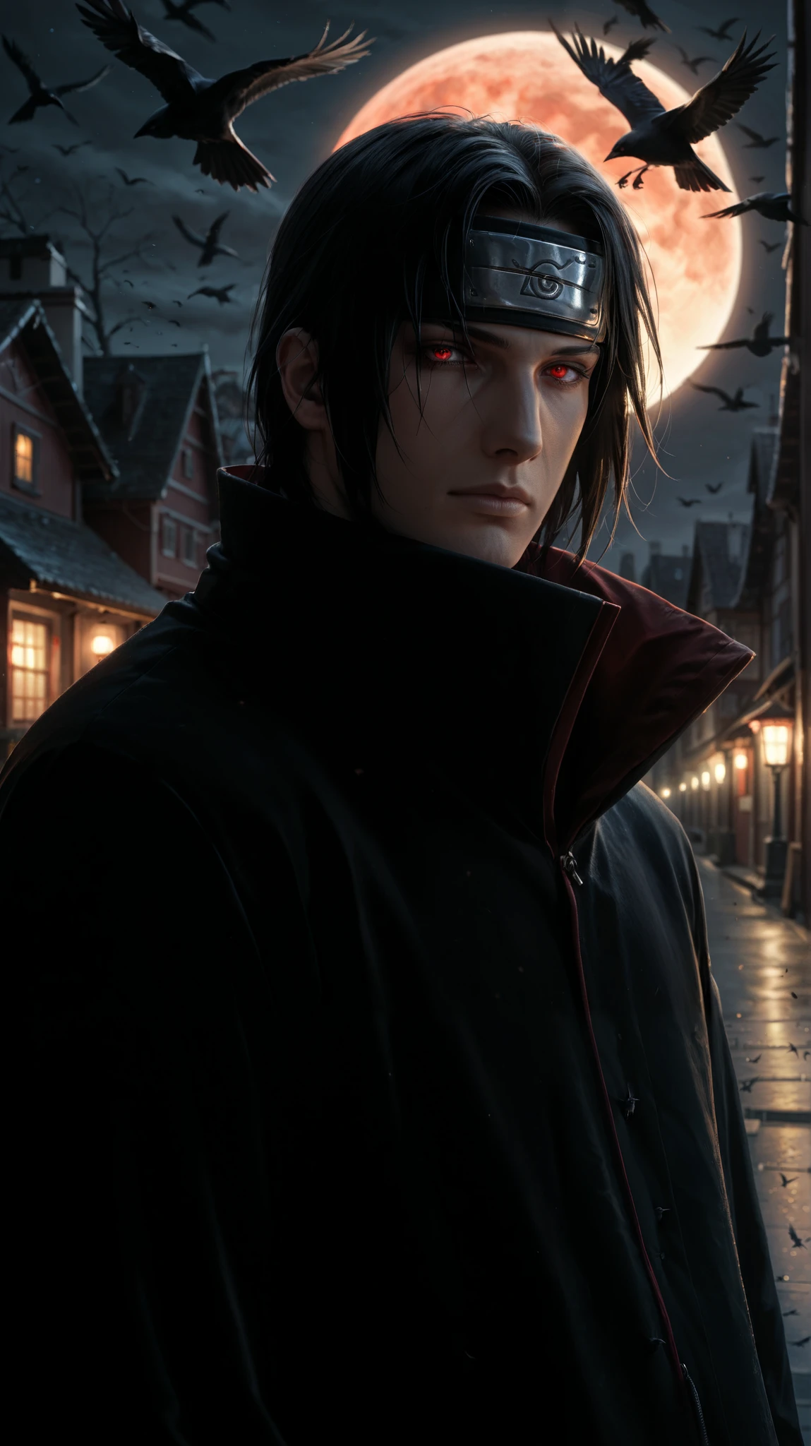  ( review_ questionable:1.2), uchiwa5, black hair, forehead protector,  Red Eyes, sharingan,  black cover with red details   , night , village , red full moon , (1 boy), (male focus), Alone ,crows,  American Flat, 