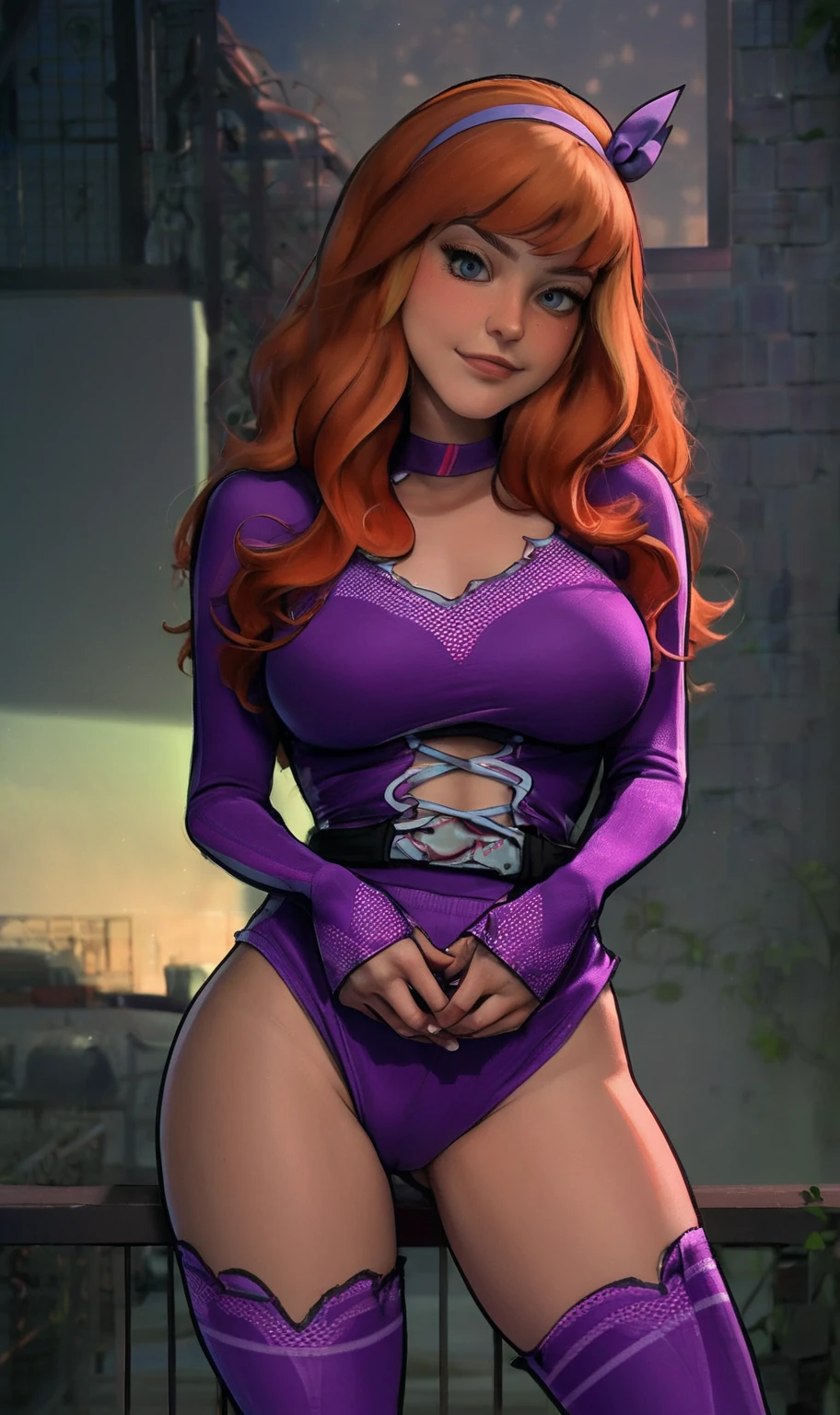 score_9, score_8_up, , 1girl, makeup, lipstick, long ginger hair, looking at viewer, (hud_dphne:1.4) , navel,(cabello orange :1.4), (purple latex leotard:1.4) ,,(Fondo de ruinas de mazmorra en ruinas:1.4 ), skirt, bra, (clothing cutout) , long sleeves, thighhighs, shiny clothes, hairband, neckerchief, (abandoned house) ,( broken windows) , (broken wood:1.4) , dirty, dark,( magnifying glass:1.4) , carried_breast_rest, glory hole, huge dick, shocked,( looking through magnify glass at glory hole) , huge breasts, underboob, nipples,
score_9, score_8_up, score_7_up, score_6_up, source_cartoon, rating_explicit, D-ART Style, (perfect anatomy :1.4), (face detailed :1.4), (Daphne Blake:1.4),( Daphne Blake V2.1)