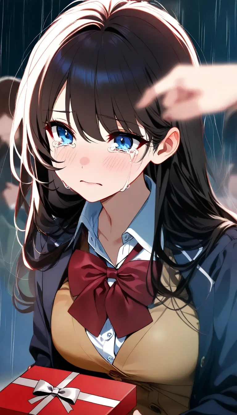((Biologically correct limb count))、(( Full-body photo including face))、4K、((Standing position))、masterpiece、((Focus on the face))、((Symmetrical facial features))、Eye for detailed depiction、Beautiful blue-haired woman、Excellent style、Beautiful clavicle、Beautiful feet、Beautiful Hands、Slender body、(blazer、skirt、Black Stockings、garter belt、High heels)、Facial detailing、Small earrings、necklace、tie、((Wet in the city with heavy rain))、Looking at the night view、(Low - Angle、下からskirtの中を撮影するカメラアングル)、(((Black Hair、Silver Hair)))、(((Tears and laughter)))、((Face forward and stick your chin out))、Close-up photo of the upper body、